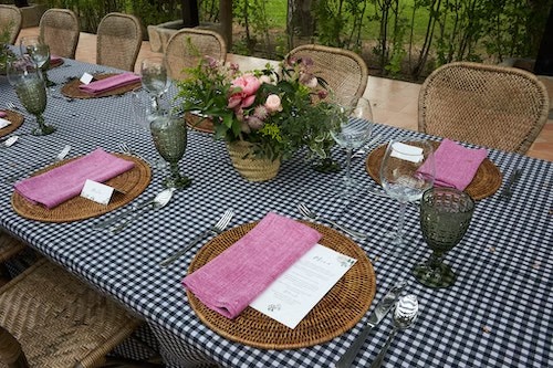 Mesa con manteles de cuadros y vajilla rústica en jardín